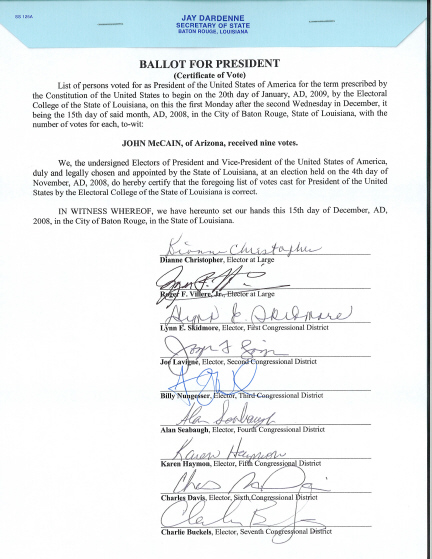 Louisiana Certificate of Vote, page 1 of 2