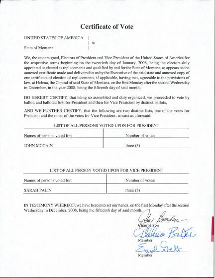 Montana Certificate of Vote, page 1 of 1