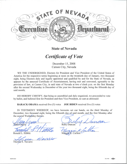 Nevada Certificate of Vote, page 1 of 1