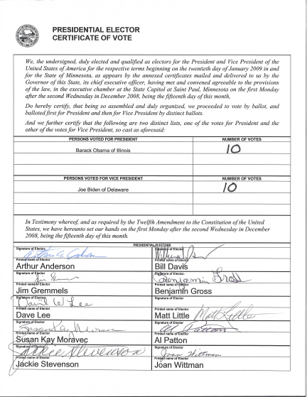 Minnesota Certificate of Vote, page 1 of 1