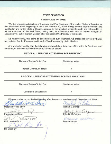 Oregon Certificate of Vote, page 1 of 1