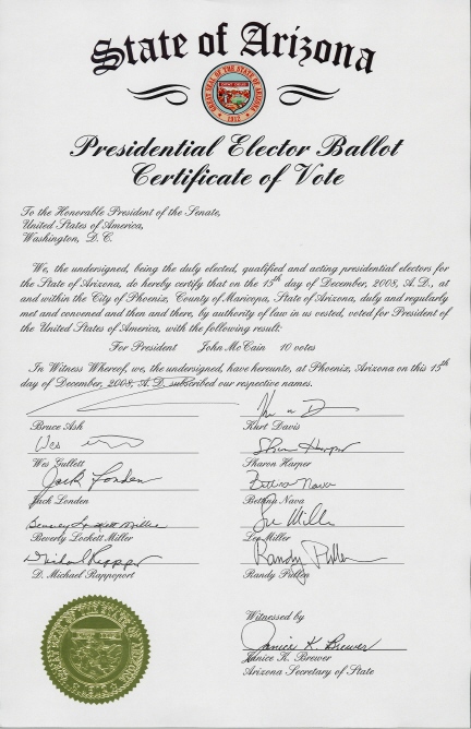 Arizona Certificate of Vote, page 1 of 2