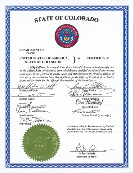 Colorado Certificate of Vote, page 1 of 3