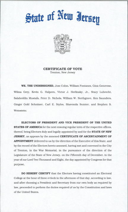 New Jersey Certificate of Vote, page 1 of 3
