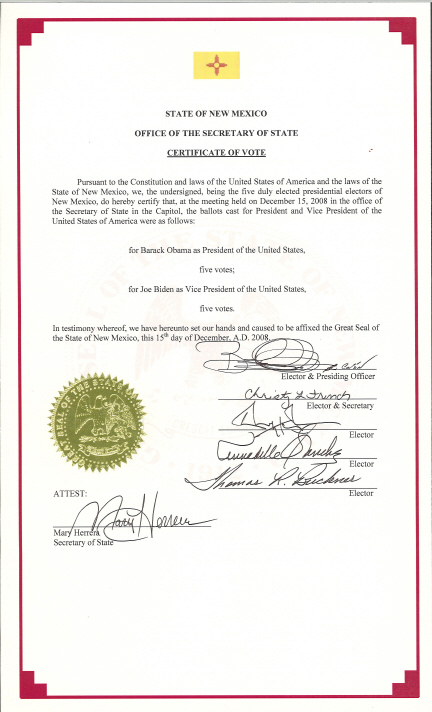 New Mexico Certificate of Vote, page 1 of 1