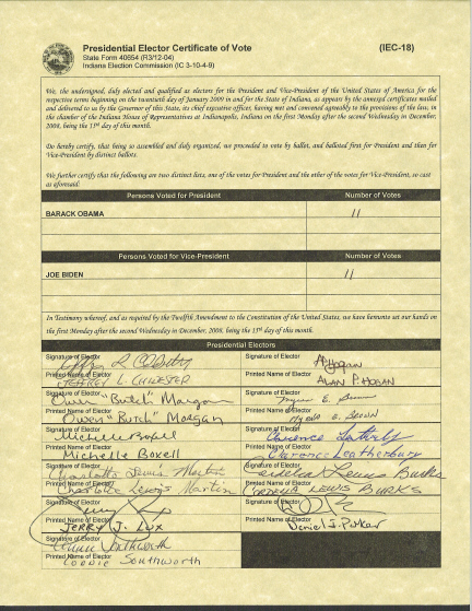 Indiana Certificate of Vote, page 1 of 1