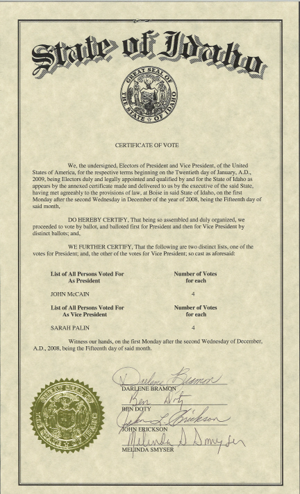 Idaho Certificate of Vote, page 1 of 1