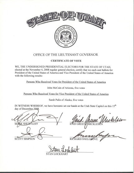 Utah Certificate of Vote, page 1 of 1