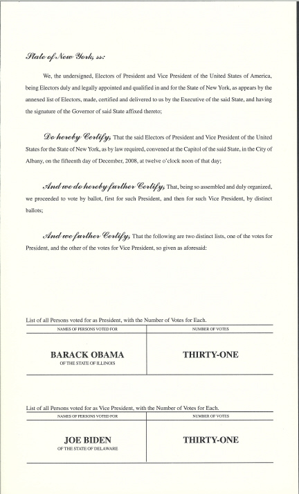 New York Certificate of Vote, page 1 of 2