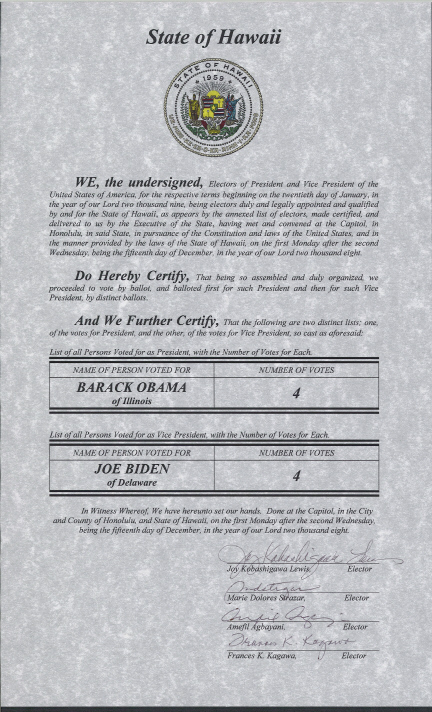 Hawaii Certificate of Vote, page 1 of 1