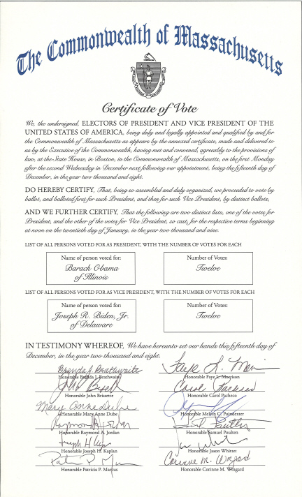 Massachusetts Certificate of Vote, page 1 of 1
