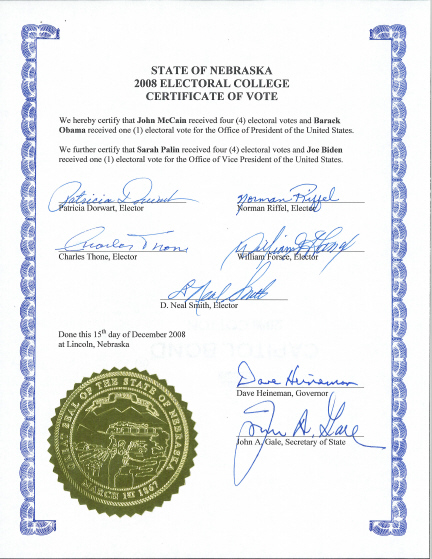 Nebraska Certificate of Vote, page 1 of 1
