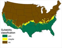Native Python Range (in U.S.): Areas of the continental United States with climate matching that of the pythons' native range in Asia. (USA)