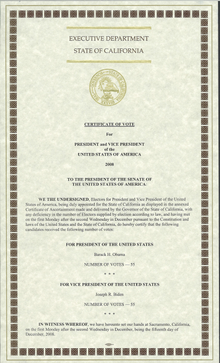 California Certificate of Vote, page 1 of 4