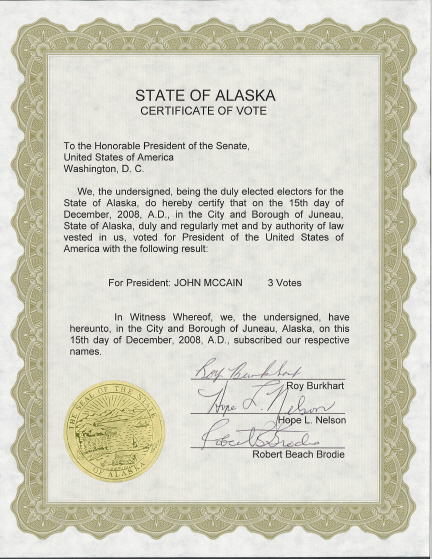 Alaska Certificate of Vote, page 1 of 2