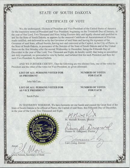 South Dakota Certificate of Vote, page 1 of 1