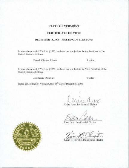 Vermont Certificate of Vote, page 1 of 1