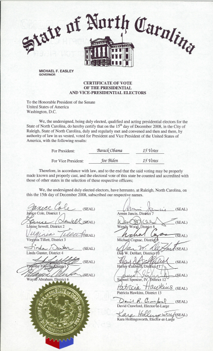 North Carolina Certificate of Vote, page 1 of 1