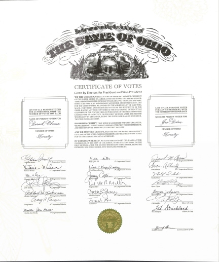 Ohio Certificate of Vote, page 1 of 1