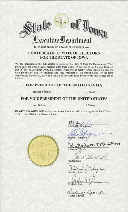 Iowa Certificate of Vote, page 1 of 1