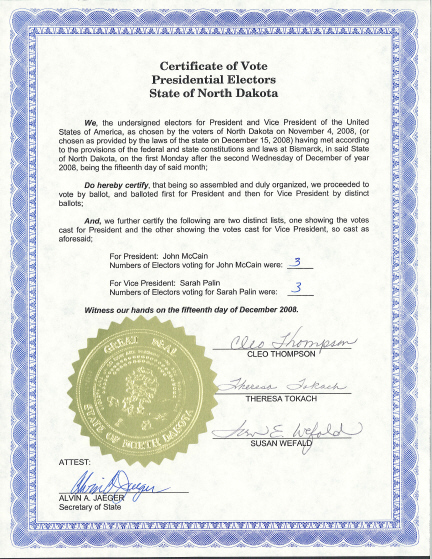 North Dakota Certificate of Vote, page 1 of 1