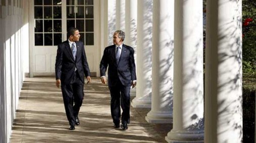 President Bush and President-elect Obama walk outside the Oval Office, Nov. 10, 2008. [White House]