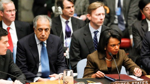 Secretary Rice at UN with Amb. Khalilzad and Assistant Secretary Hook, Dec. 16, 2008. [UN Photo]