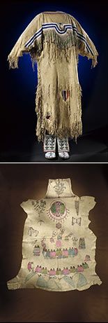 Blackfeet woman's beaded dress; and Chiricahua Apache Gutálsi'á' (hide painting).
