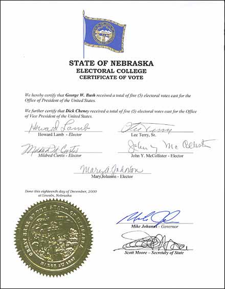 Certificate of Vote Nebraska Certificate