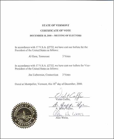 Certificate of Vote Vermont Certificate