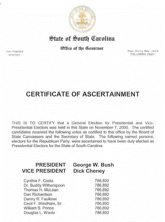 Certificate of Ascertainment South Carolina Page 1