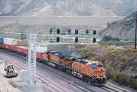 Train on Cajon Pass: Train crossing the San Andreas Fault at Cajon Pass, CA with I-15 in the background (Cajon Pass, CA, USA)