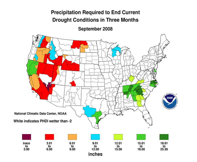 map of precipitation required to end a level -2 PHDI drought in three months