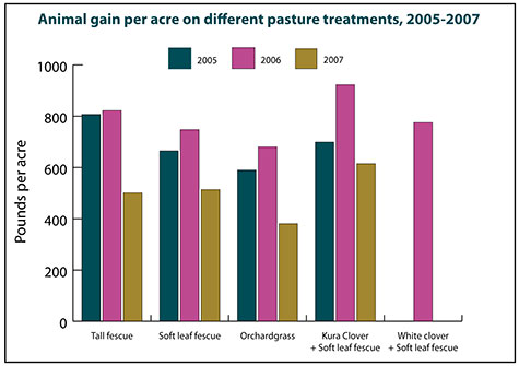 Animal gain per acre on different pasture treatments, 2005-2007