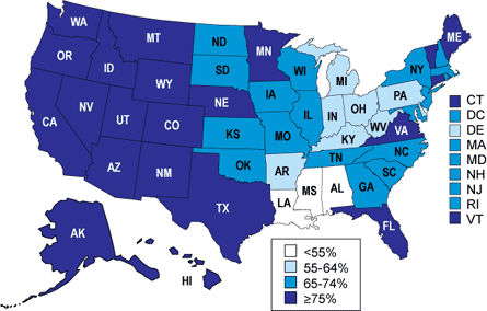 Percent of Children Ever Breastfed by State among  Children Born in 2004