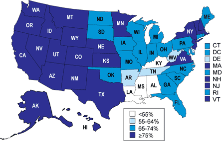 Percent of Children Ever Breastfed by State among  Children Born in 2005