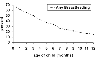 Figure 4. Breastfeeding rates by age among children born in 2000.  For data, see above.