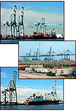 3 images: Port of Jacksonville, Fla., portside loader and freighter at the dock; Dundalk, Md., trucks, train tracks and loaders in the harbor; Crane loaders at Port of Jacksonville, Fla.
