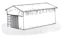 Hay storage with solid walls and off-center doors.
