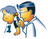 Cartoon of doctor looking into the ear of a young boy