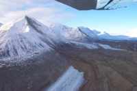 Denali Fault: Black Rapids Glacier: View westward up Black Rapids Glacier at large landslides. (AK, USA)