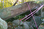 Pink tape marks off a granite slab over a trail.