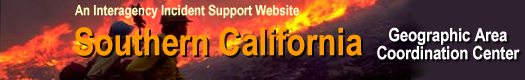 Graphic of two firefighters with flames in the background, the title is an Interagency Incident Support Website of the Southern California Geographic Area Coordination Center.