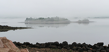 Saint Croix Island is surrounded by fog.