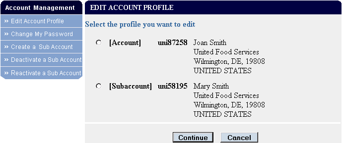 Select an account profile to edit
