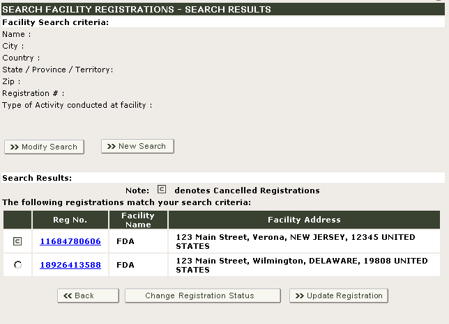 FFRM Search Facility Registrations Results