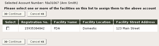 FFRM Select facilities to assign to an account