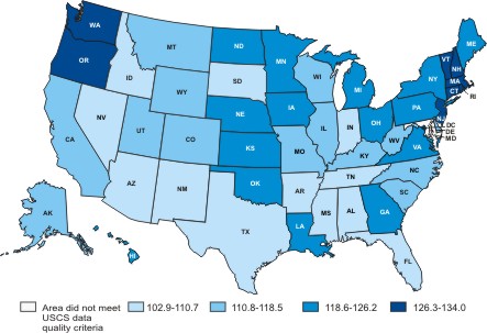Map of the United States showing female breast cancer incidence rates by state in 2004.