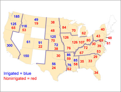 Average per-acre cash rent for irrigated and non-irrigated cropland, 2004, selected States