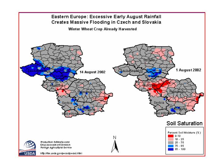 Soil moisture comparison maps from before and after the August rain events show excessive moisture in the Czech Republic and Slovakia